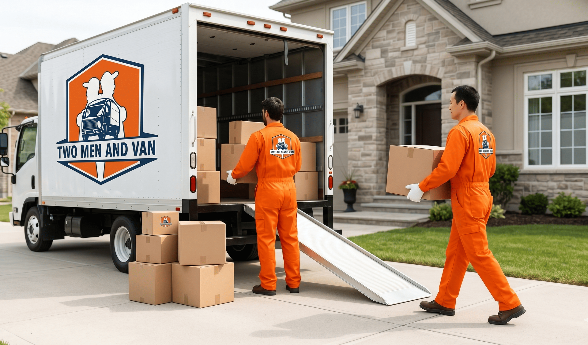 Two movers in orange uniforms unloading boxes from a moving truck at a suburban house.