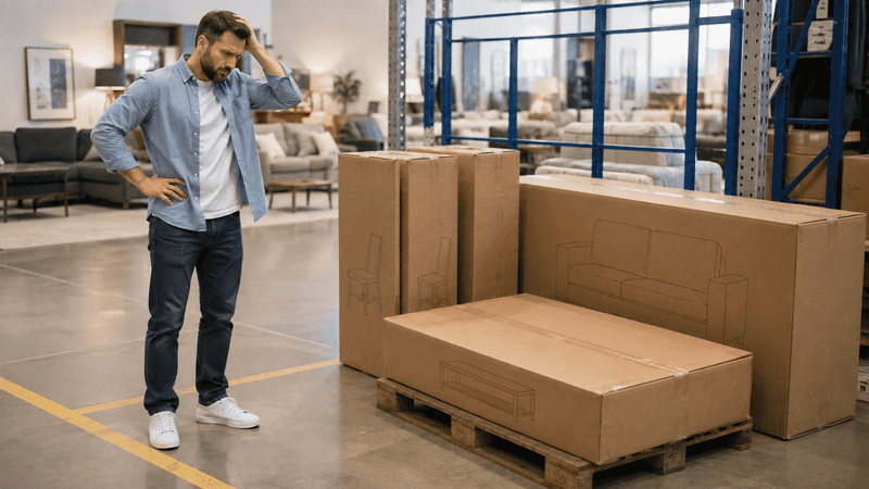 Man in a warehouse inspecting stacked cardboard boxes on a pallet