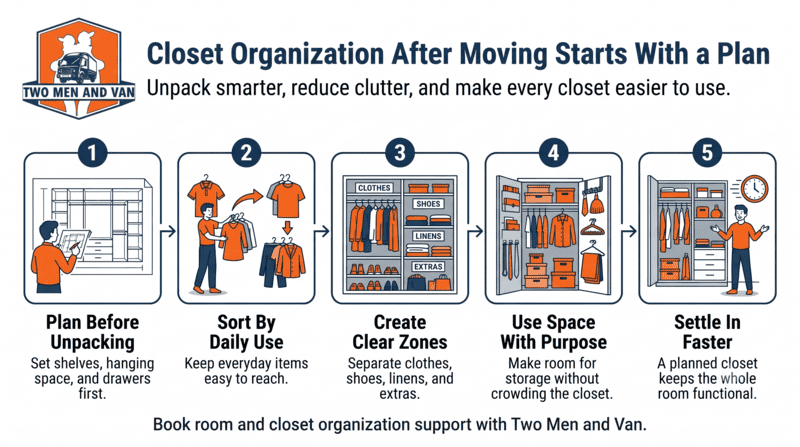 Infographic on closet organization after moving, with 5 illustrated steps and blue, orange, and white panels