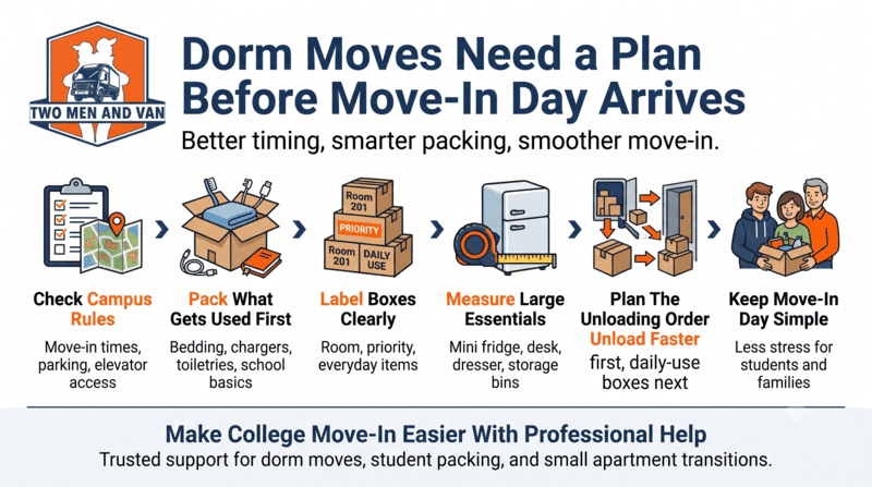 Dorm Moves checklist infographic with moving tips, boxes, bedding, labels, and planning icons