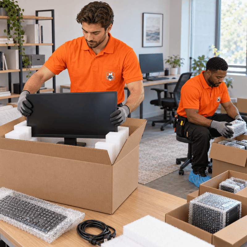 Two workers in orange shirts unpack and assemble computer equipment in an office.