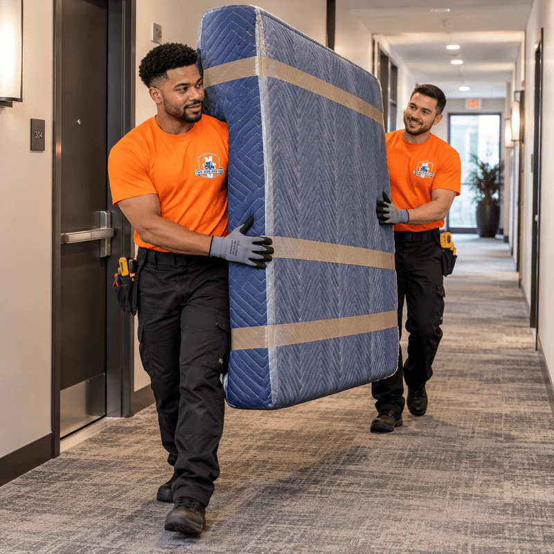 Two movers in orange shirts carry a wrapped mattress down a hallway.
