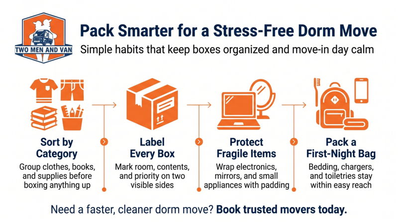 Orange-and-white packing tips infographic on sorting, labeling, protecting, and packing for a move