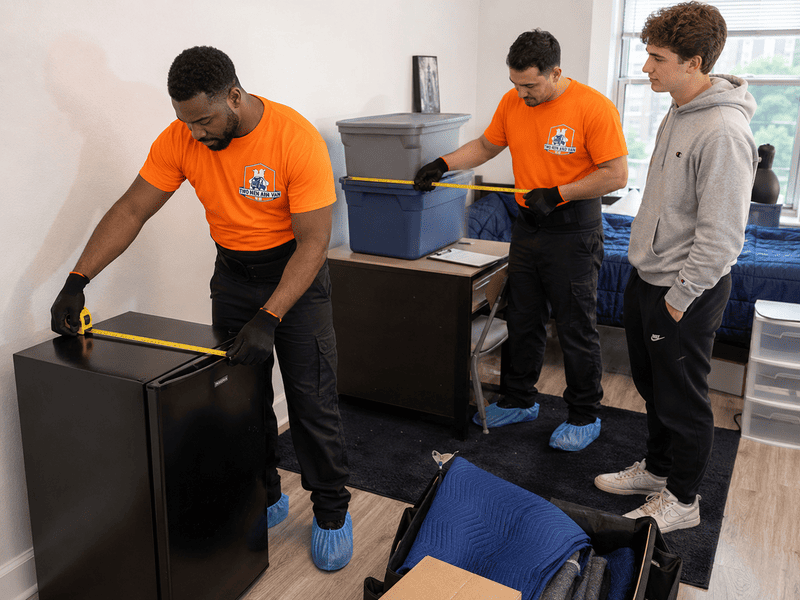 Three people moving appliances in a room, carrying black cabinets and a blue bin on a floor mat.