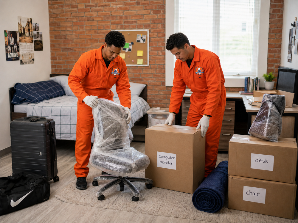 Two people in orange coveralls unpacking supplies from boxes in a room with brick walls.