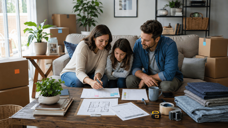 Family reviewing floor plans at a table in a bright living room, with plants, boxes, and a laptop nearby.
