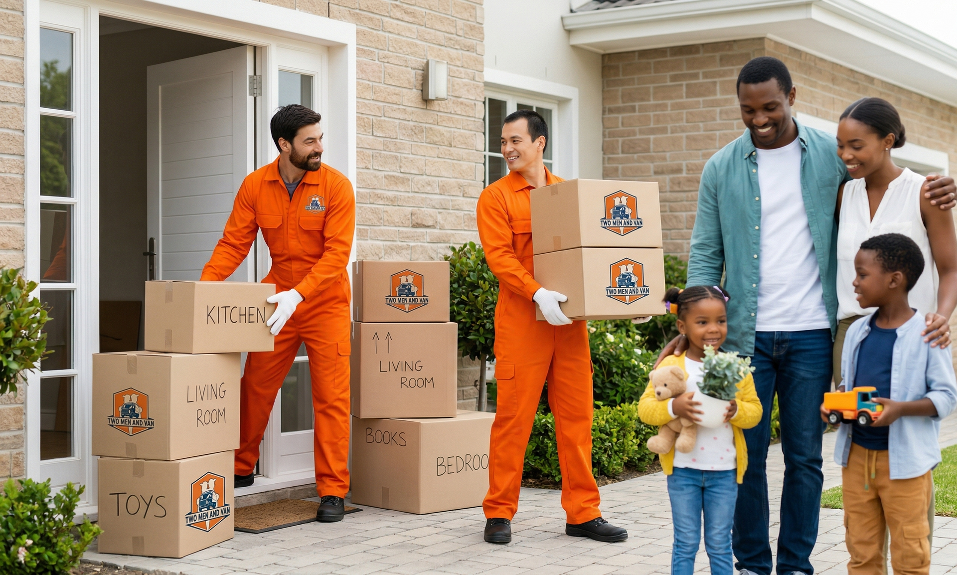 Two workers in orange jumpsuits help a family move boxes into a home.