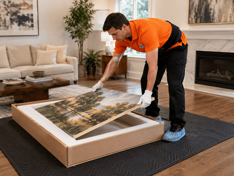 Worker in orange shirt unwrapping a framed picture in a living room
