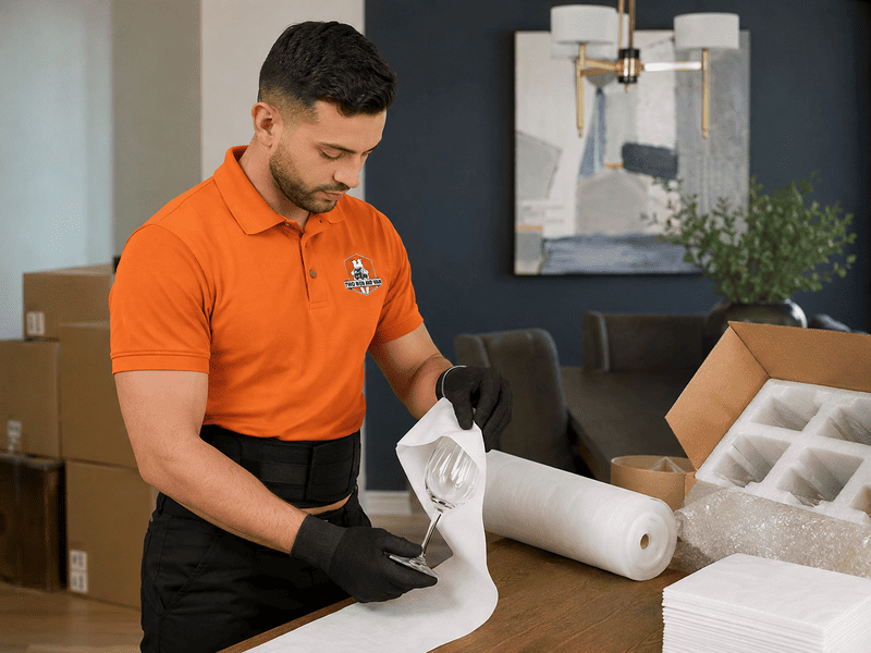 Man in orange polo packing fragile items into boxes with bubble wrap in a warehouse