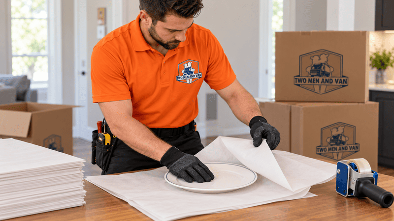 Worker in orange polo packing a plate into white paper with moving boxes nearby