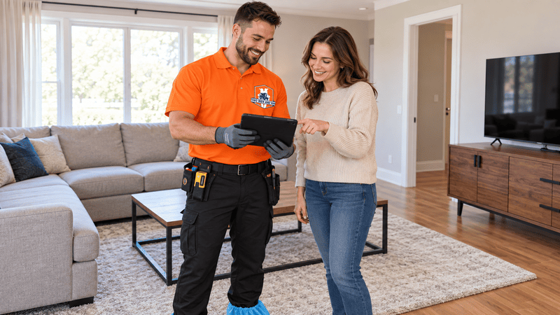 Two people reviewing a tablet in a bright living room with a couch, rug, and TV cabinet.