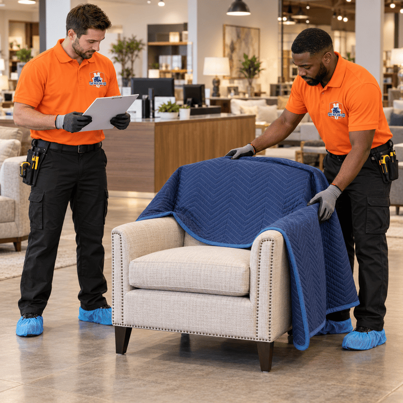 Two movers in orange uniforms and blue shoe covers carrying a chair draped with a blue blanket indoors