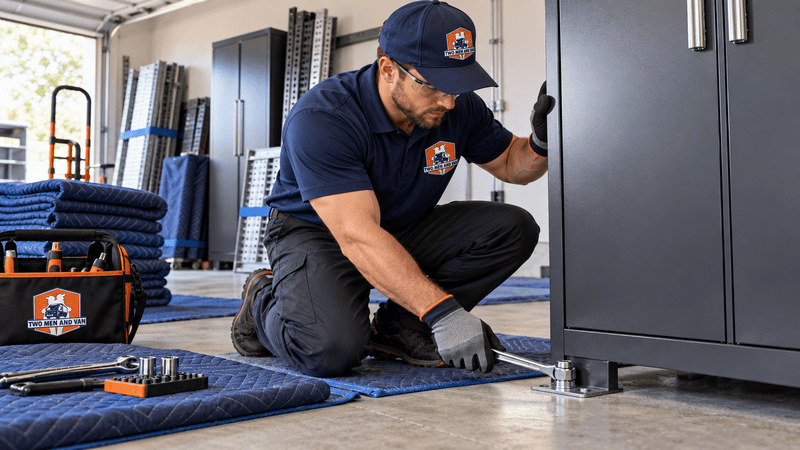 Technician kneeling by a gray cabinet, adjusting hardware in a garage with tools and moving blankets.