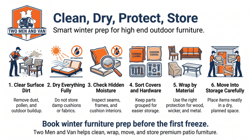 Infographic on cleaning and storing patio furniture, with six illustrated steps and a “Book winter furniture prep” message