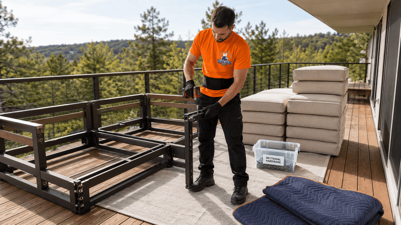 Person assembling a black metal patio frame on a deck beside stacked cushions and tools.