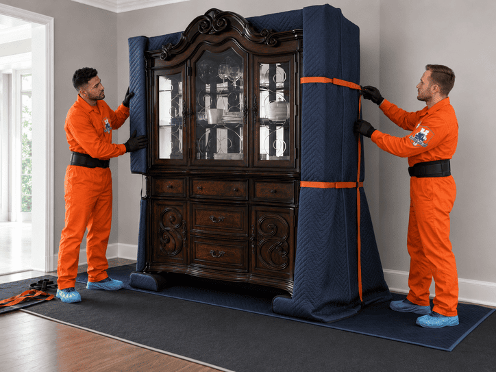 Two movers in orange uniforms wrap a large wooden cabinet in protective blankets inside a home.