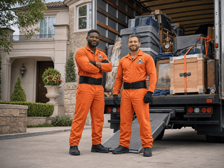 Two movers in orange uniforms stand by a truck loaded with furniture boxes.