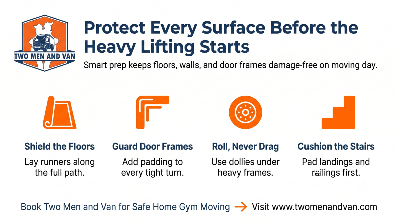 Checklist graphic on protecting floors and walls before heavy lifting, with orange safety icons and tips.