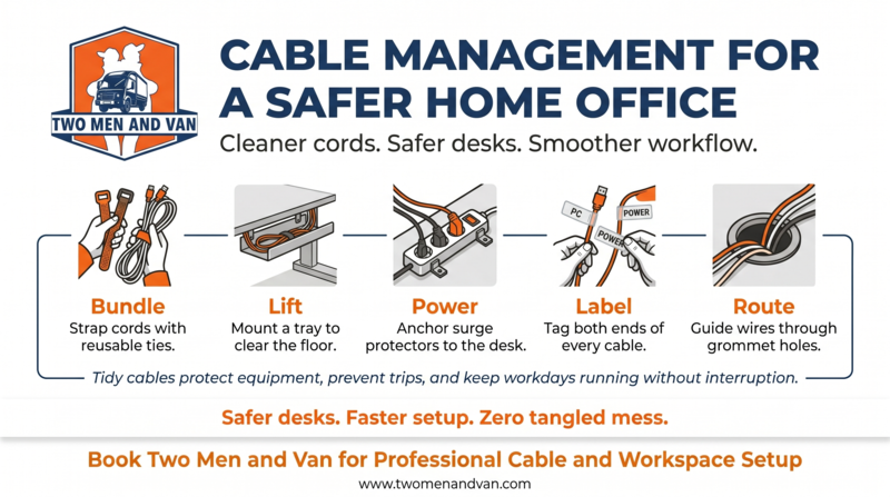 Cable management promo flyer with orange logo, blue headline, and icons showing bundling, lifting, powering, labeling, and routing cables