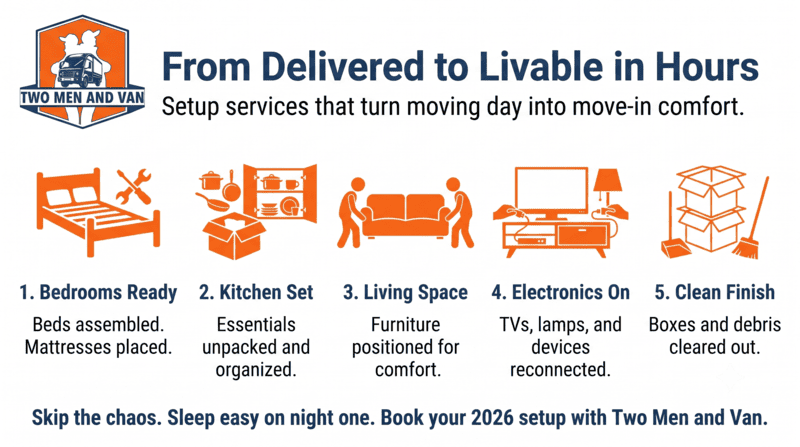 Promotional graphic for move-in setup services with five orange setup steps and “From Delivered to Livable in Hours” headline