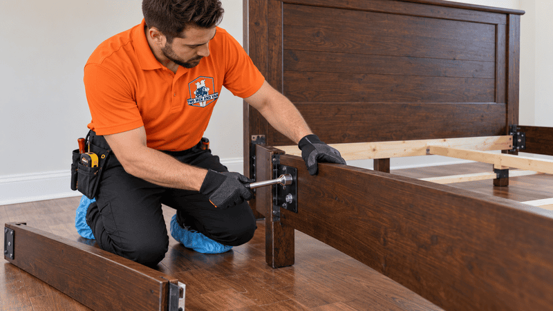 Worker kneeling by a bed frame, using a clamp on dark wood furniture in a bedroom