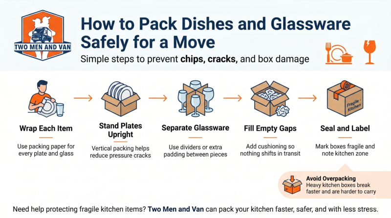 Infographic on packing dishes and glassware safely for moving with six packing tips and orange icons