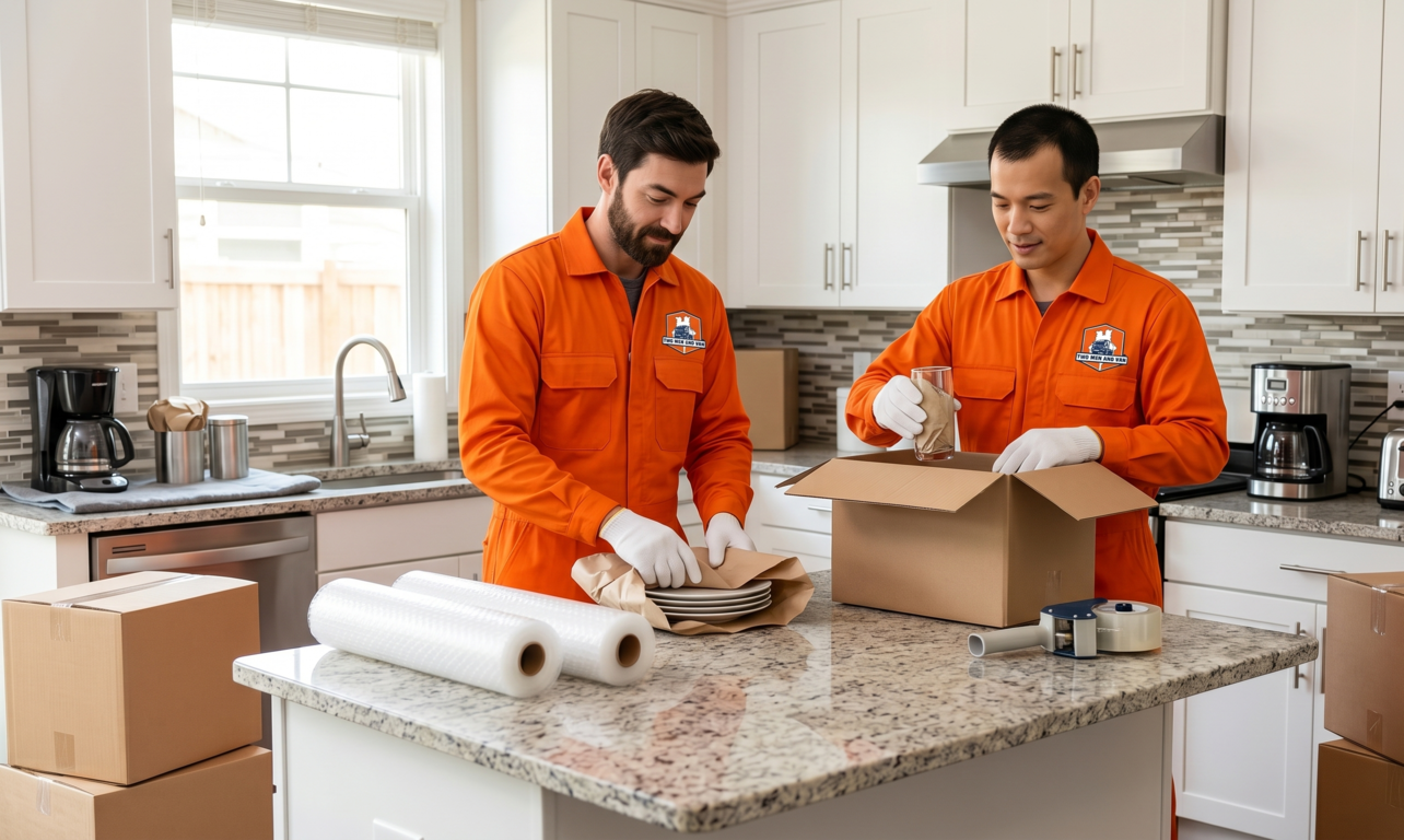 Two workers in orange uniforms unpacking a box in a bright kitchen with countertops and cabinets.