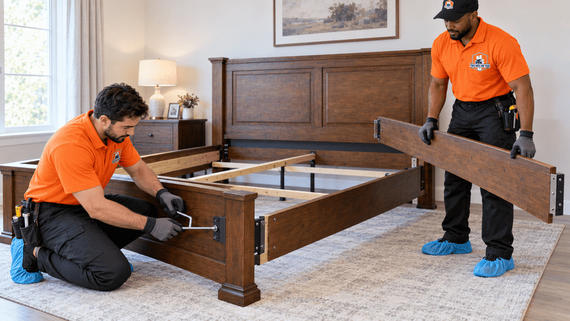 Two movers disassembling a large wooden bed frame before loading it for a move