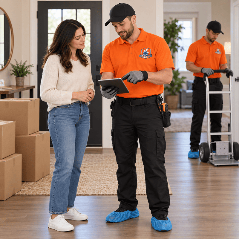 Delivery worker checking tablet with customer in a home entryway, boxes stacked nearby.