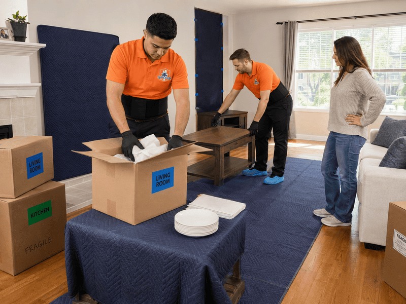 People unpacking boxes in a room during a move, with labels and open cardboard boxes on tables.