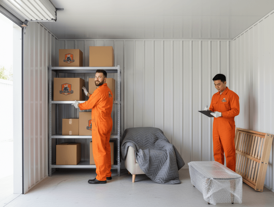 Two people in orange jumpsuits loading boxes into a storage unit. One is on a shelf, the other is holding a clipboard.