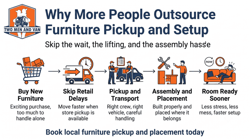 Infographic: outsource furniture pickup and setup; icons show buying, delivery, pickup, assembly, and room-ready setup.