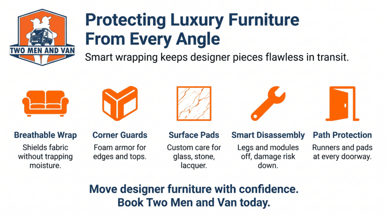 Infographic for Two Men and a Van, with orange icons listing luxury furniture protection features.