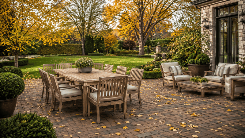 Outdoor patio with wooden dining table, lounge chairs, and autumn trees in a landscaped garden