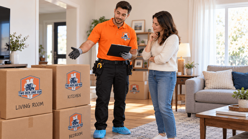 Mover reviewing a moving estimate with a homeowner beside labeled boxes