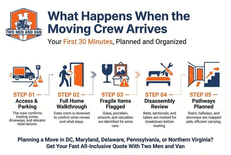 Infographic titled “What Happens When the Moving Crew Arrives,” showing a 5-step moving process with icons and orange-blue design