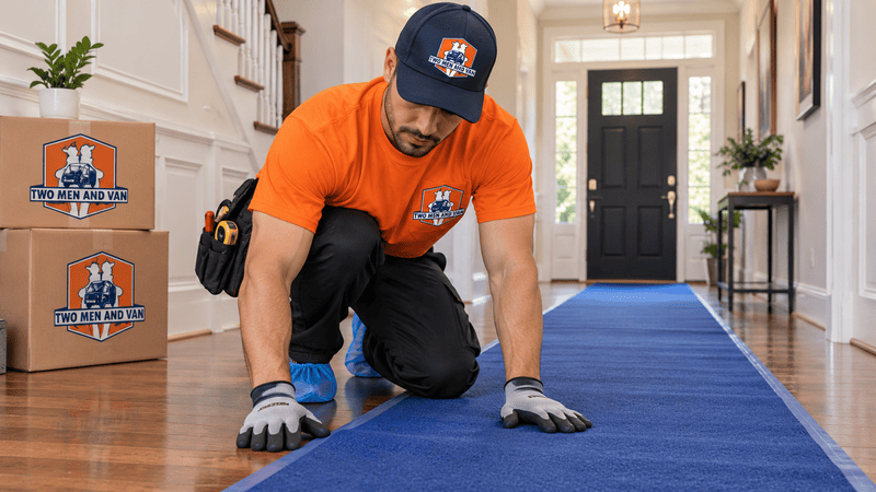 Mover laying a protective floor runner in a townhouse hallway before moving day begins