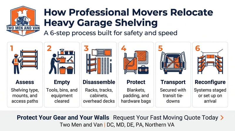Infographic on how professional movers relocate a heavy garage shelving unit in 6 steps.