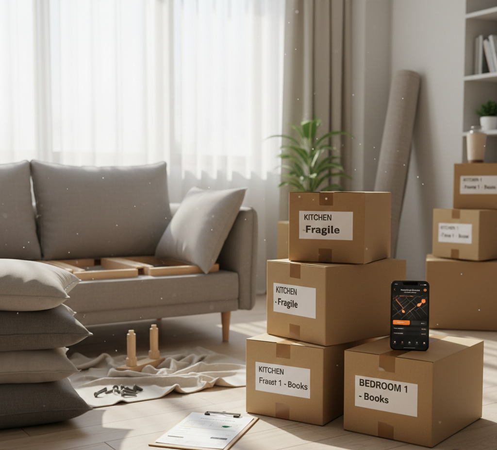 Stacked labeled moving boxes in a bright living room with partially disassembled furniture and a clipboard, representing organized home move preparation.