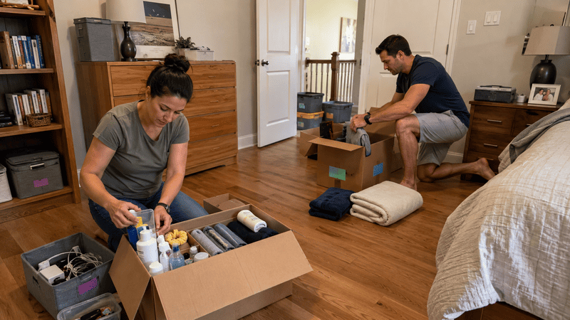 Two people packing boxes and folding blankets in a bedroom with hardwood floors