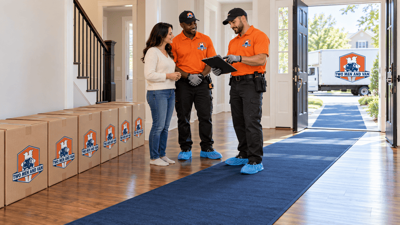 Three movers in orange shirts reviewing a clipboard beside packed boxes in a bright entryway.