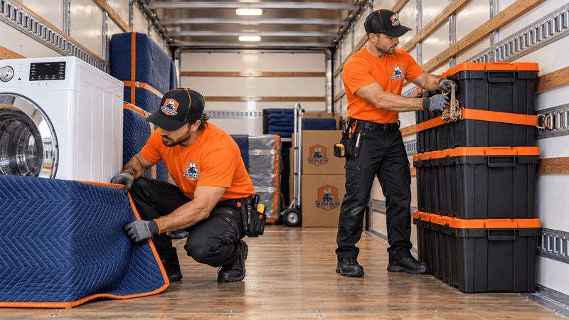Two workers in orange uniforms loading equipment in a moving truck with stacked bins and a washer.