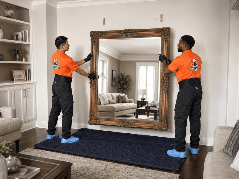 Two movers in orange shirts carrying a large framed mirror in a living room