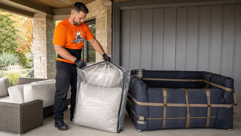 Man packing a white bag beside a blue storage bin on a covered porch