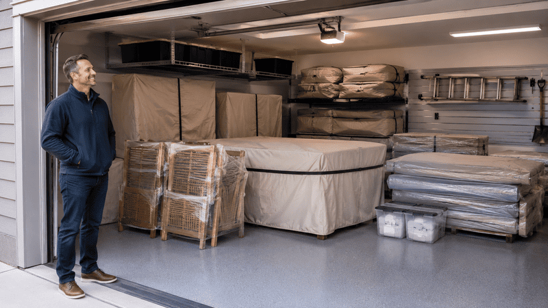 Man standing in a garage filled with wrapped furniture and boxed items during moving or storage.