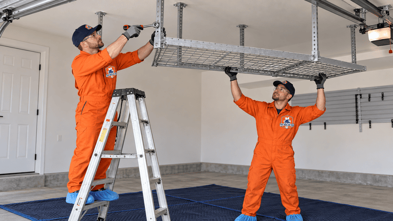 Two workers in orange coveralls lifting a metal rack onto ceiling brackets in a garage