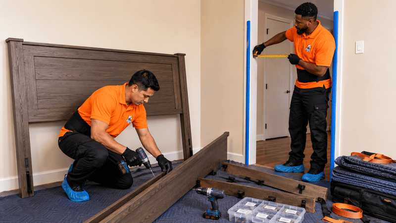 Two workers assembling a dark wood bed frame in a bedroom with tools on the floor
