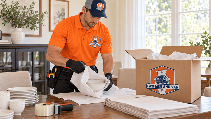 Mover wrapping kitchen dishes at a packing station before a residential move