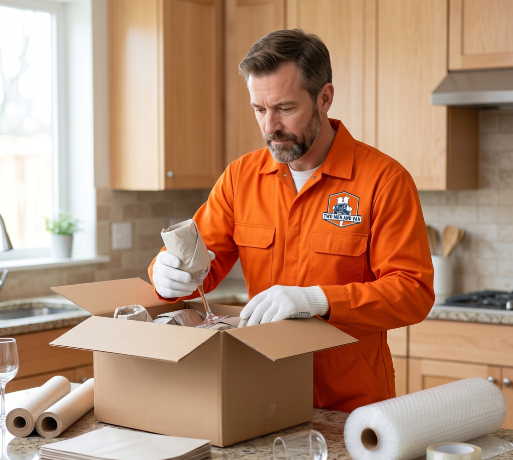Worker in orange uniform packing items into a cardboard box in a kitchen, surrounded by packing materials.