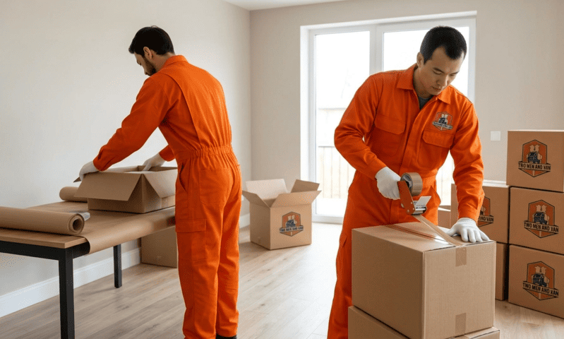 Workers in orange uniforms packing cardboard boxes in a bright moving room